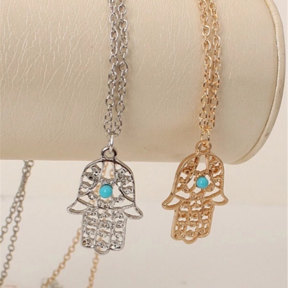 🐘 Awesome Metallic Boho Hamza Evil Eye Hand Necklace In Gold Or Silver ⭐️